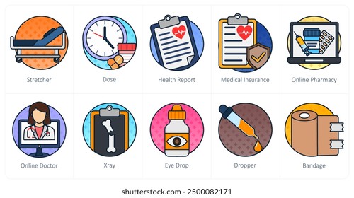 A set of 10 Medical icons as stretcher, dose, health report