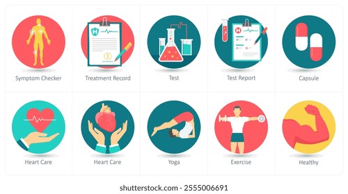 A set of 10 Medical icons as symptom checker, treatment record, test