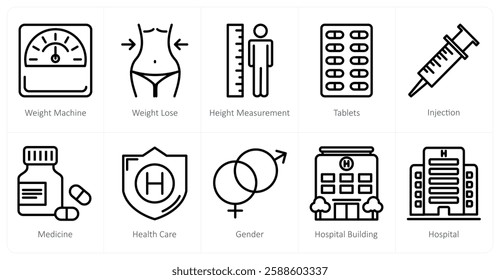 A set of 10 medical icons as weight machine, weight lose, height measurement