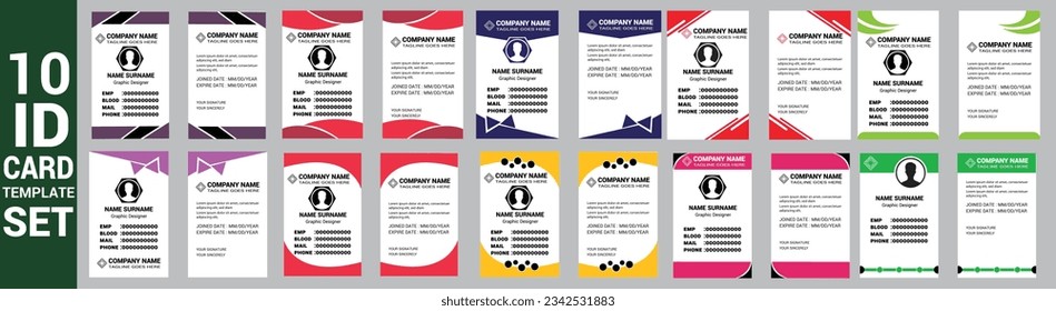 conjunto de 10 plantillas de diseño de tarjetas de identificación corporativa de Mega collection. tarjeta de identificación comercial. paquete de tarjetas de identificación. Plantilla de juego de tarjetas de identificación de empleado de la empresa.