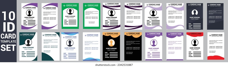 set of 10 Mega collection corporate business id card design template. business id card. id card bundle. Company employee id card set template.