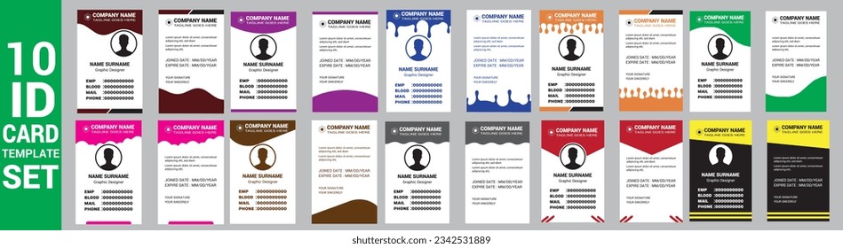 set of 10 Mega collection corporate business id card design template. business id card. id card bundle. Company employee id card set template.