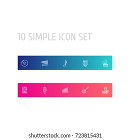 Set Of 10 Melody Outline Icons Set.Collection Of Guitar, Musical Sign, Stringed And Other Elements.