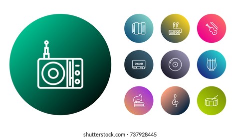 Set Of 10 Melody Outline Icons Set.Collection Of Percussion, Vinyl, Turntable And Other Elements.
