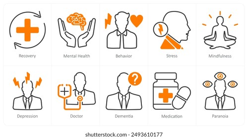 A set of 10 mental health icons as recovery, mental health, behaviour