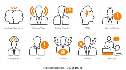 A set of 10 mental health icons as multiple personality, hearing voice, eating disorders