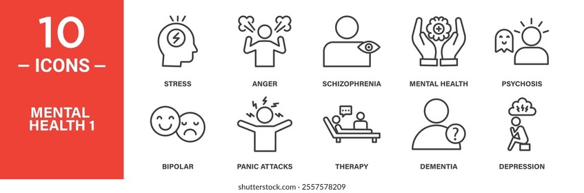 A set of 10 mental health icons depicting stress, anger, schizophrenia, bipolar disorder, panic attacks, therapy, dementia, psychosis, depression, and mental health support.