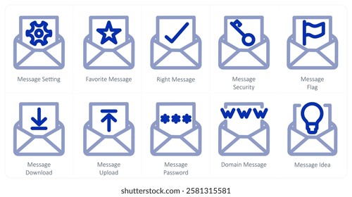 A set of 10 message icons as message setting, favorite message, right message