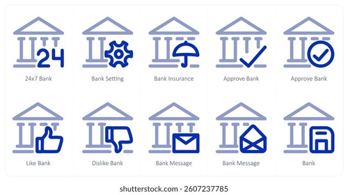 A set of 10 micro icons as 24x7 bank, bank setting, bank insurance
