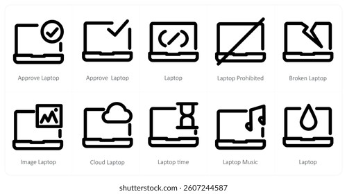 A set of 10 micro icons as approve laptop, laptop, laptop prohibited