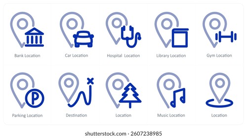 A set of 10 micro icons as bank location, car location, hospital location