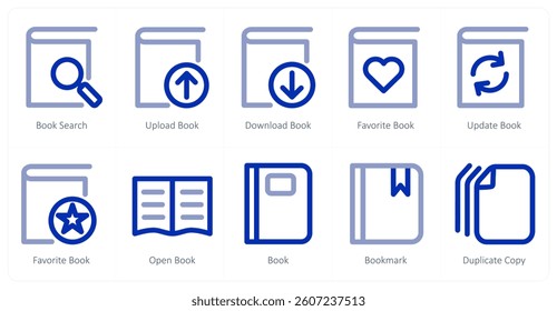 A set of 10 micro icons as book search, upload book, download book