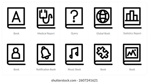 A set of 10 micro icons as book, medical report, query