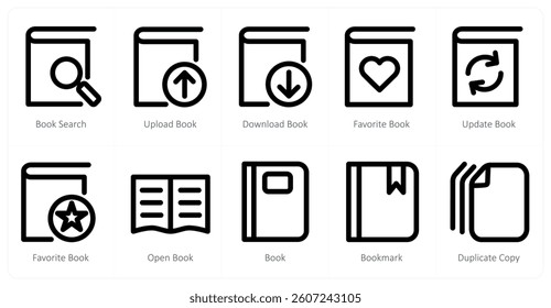 A set of 10 micro icons as book search, upload book, download book