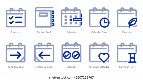 A set of 10 micro icons as calendar, contact book, calendar time