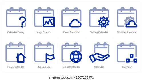 A set of 10 micro icons as calendar query, image calendar, cloud calendar