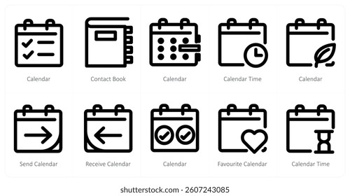 A set of 10 micro icons as calendar, contact book, calendar time