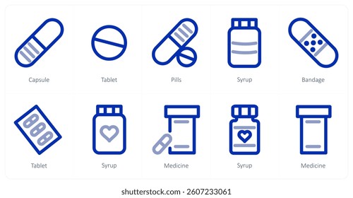 A set of 10 micro icons as capsule, tablet, pills