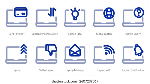 A set of 10 micro icons as card payment, laptop synchronization, laptop idea