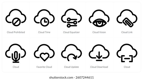 A set of 10 micro icons as cloud prohibited, cloud time, cloud equalizer