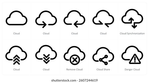 A set of 10 micro icons as cloud, cloud synchronization, remove cloud