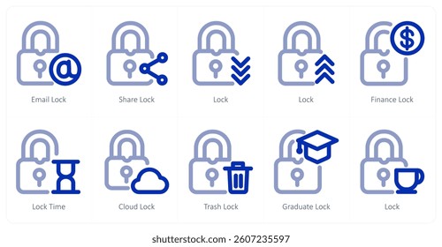 A set of 10 micro icons as email lock, share lock, lock