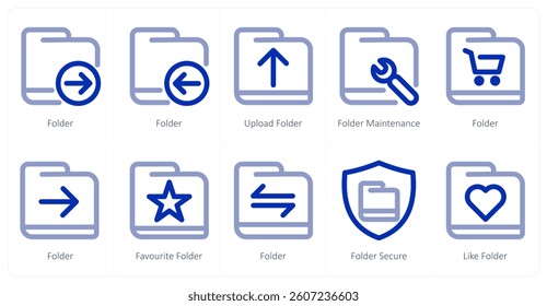 A set of 10 micro icons as folder, upload folder, folder maintenance