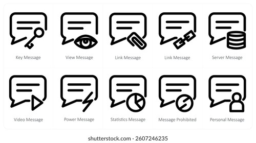 A set of 10 micro icons as key message, view message, link message