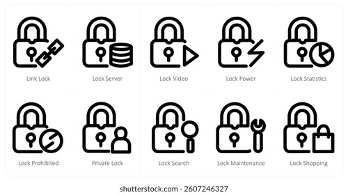 A set of 10 micro icons as link lock, lock server, lock video