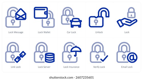 A set of 10 micro icons as lock message, lock wallet, car lock