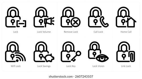 A set of 10 micro icons as lock, lock volume, remove lock