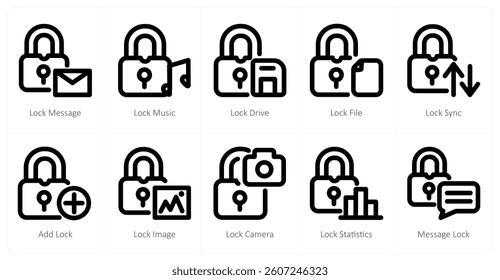 A set of 10 micro icons as lock message, lock music, lock drive