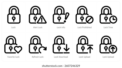 A set of 10 micro icons as lock, alert lock, lock info