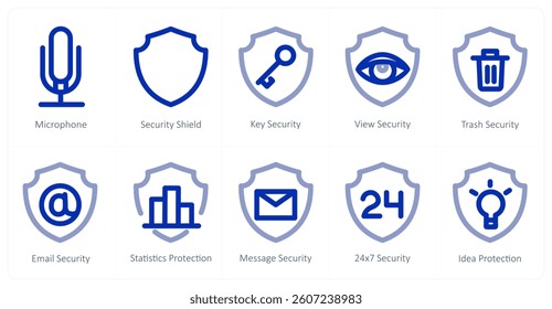 A set of 10 micro icons as microphone, security shield, key security