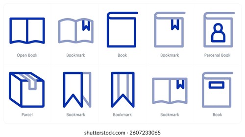 A set of 10 micro icons as open book, bookmark, book