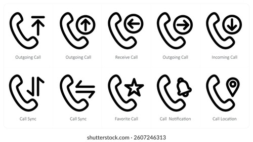 A set of 10 micro icons as outgoing call, receive call, incoming call
