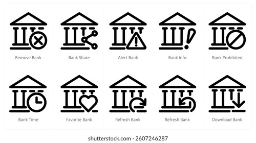 A set of 10 micro icons as remove bank, bank share, alert bank