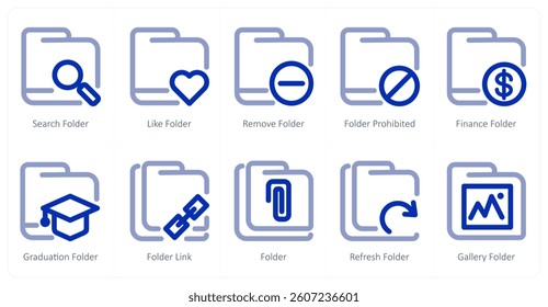 A set of 10 micro icons as search folder, like folder, remove folder