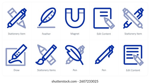 A set of 10 micro icons as stationery item, feather, magnet