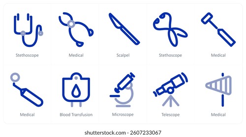 A set of 10 micro icons as stethoscope, medical, scalpel