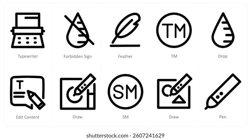 A set of 10 micro icons as typewriter, forbidden sign, feather