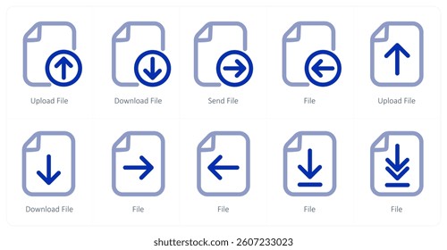 A set of 10 micro icons as upload file, download file, send file