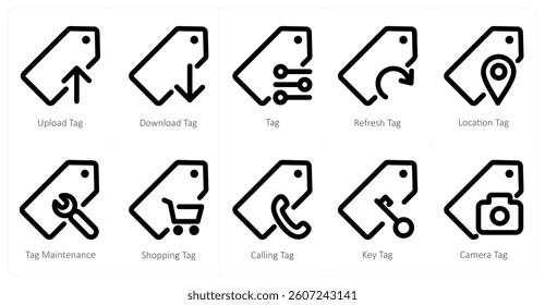 A set of 10 micro icons as upload tag, download tag, tag, refresh tag