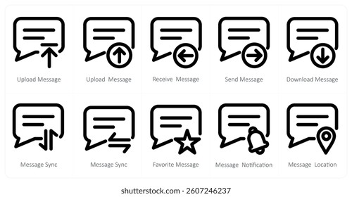 A set of 10 micro icons as upload message, receive message, send message