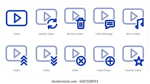 A set of 10 micro icons as video, update video, remove video