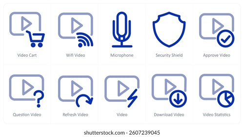 A set of 10 micro icons as video cart, wifi cart, microphone