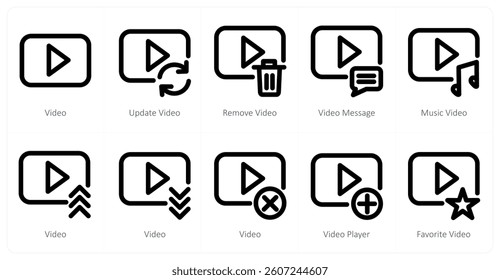 A set of 10 micro icons as video, update video, remove video