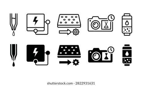 Set of 10 micro printing icons featuring EHD nozzle, high voltage controller, droplet array, and vision camera vector elements
