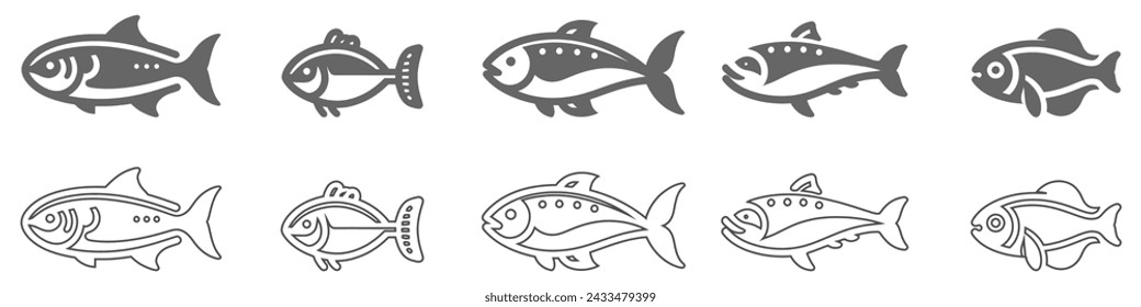 Set von 10 minimalen Fisch-Ikonen, die Wassertiere mit verschiedenen Flossen, Schuppen, Schwänzen und Kiemen zeigen, die im Wasser, als Skelett oder in einer Schüssel schwimmen