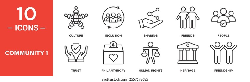 A set of 10 minimalist line icons focusing on community themes, including culture, inclusion, sharing, friends, people, trust, philanthropy, human rights, heritage, and friendship.